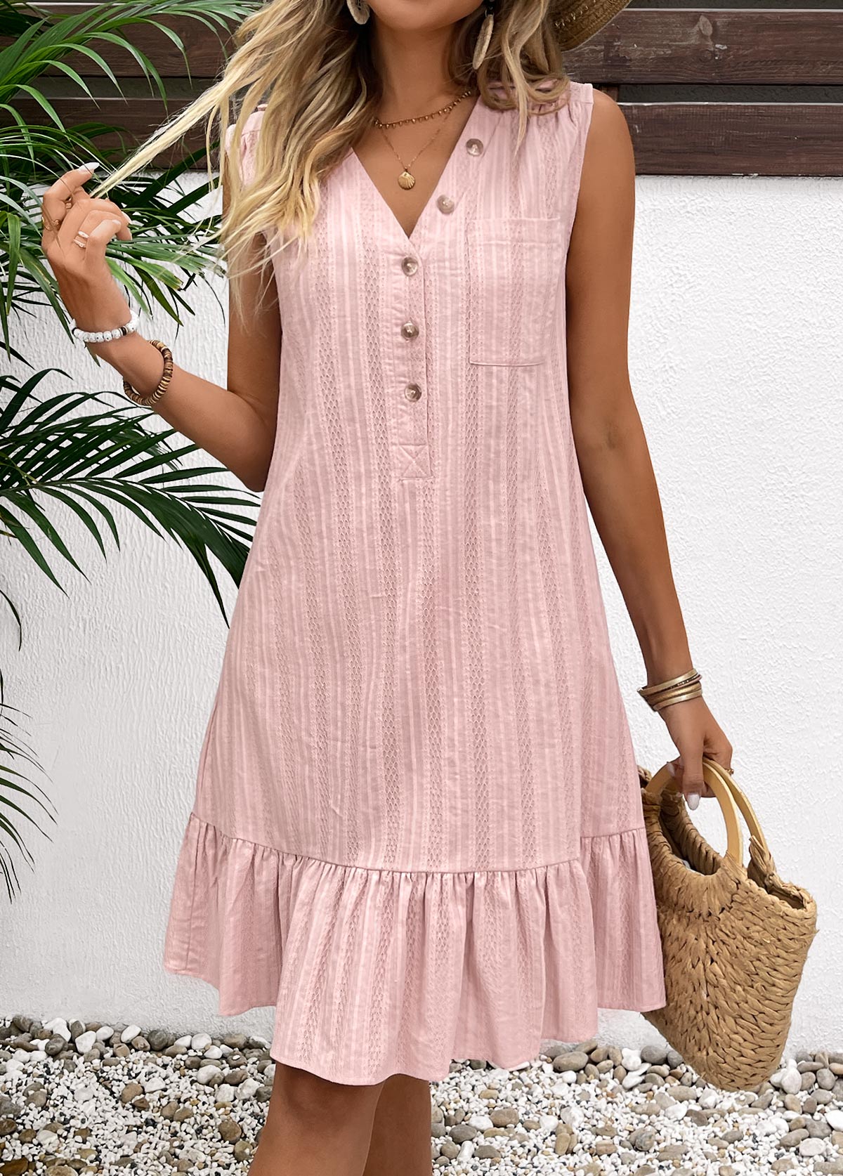 Light Pink dresses,Plain Color dresses,Everyday dresses,Casual dresses,ROTITA Button Light Pink A Line Turn Down Collar Dress