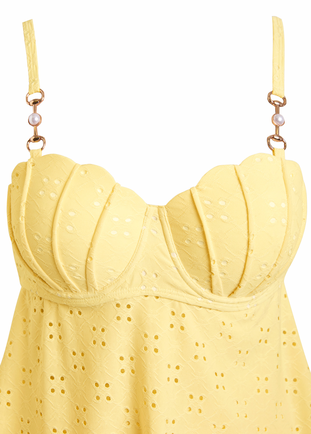 Yellow swimwear,Plain Color swimwear,ROTITA Jacquard Detail Bandeau Yellow Tankini Set