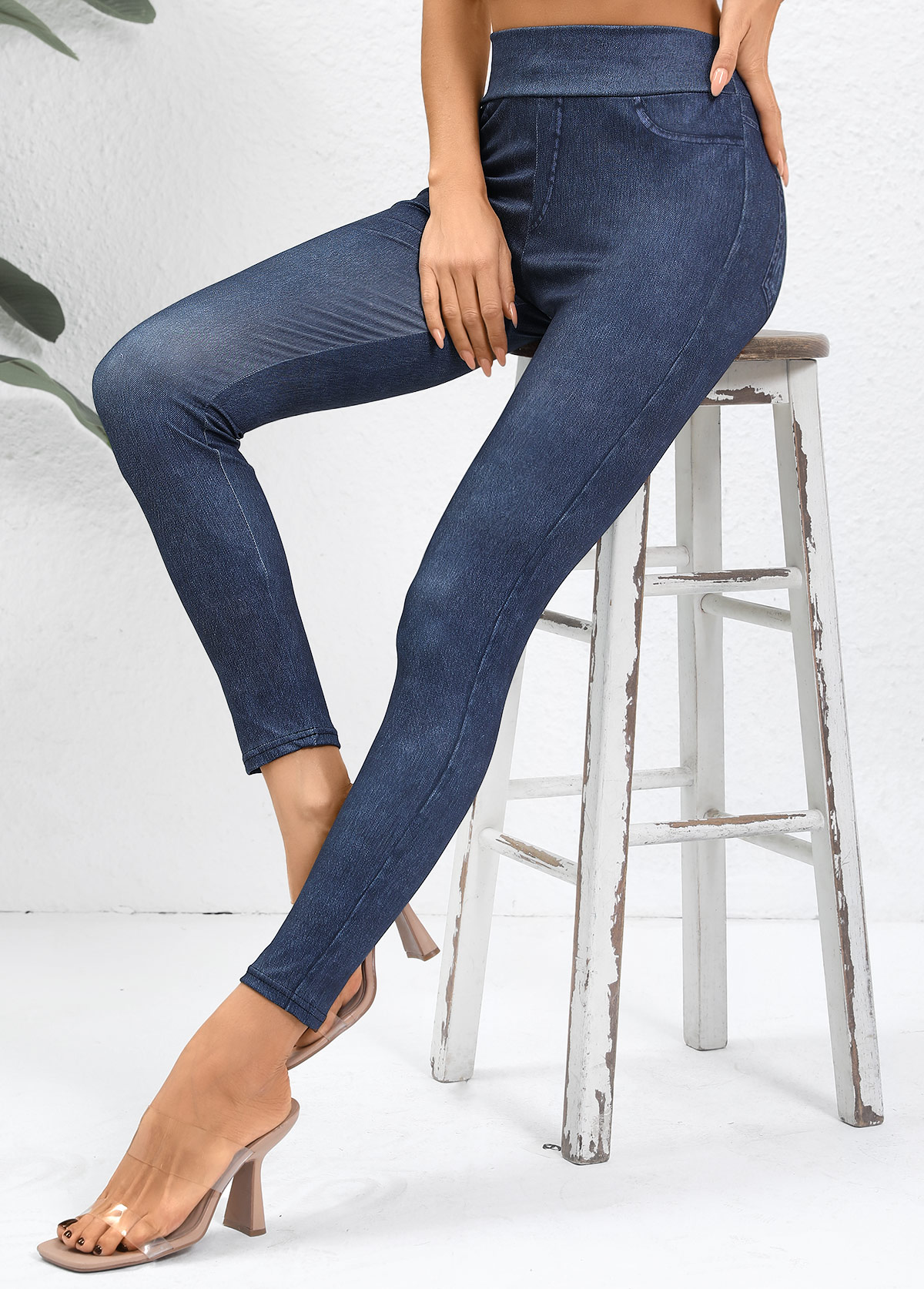 Denim Blue bottoms,Plain Color bottoms,Denim Blue High Waisted Elastic Waist Ankle Length Leggings