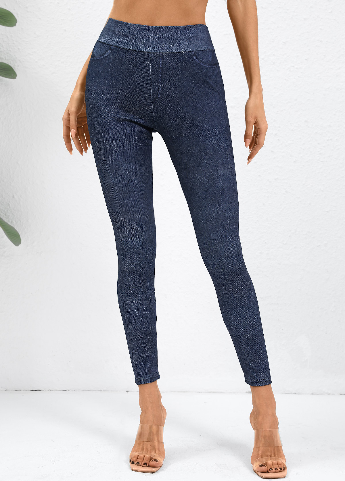 Denim Blue bottoms,Plain Color bottoms,Denim Blue High Waisted Elastic Waist Ankle Length Leggings
