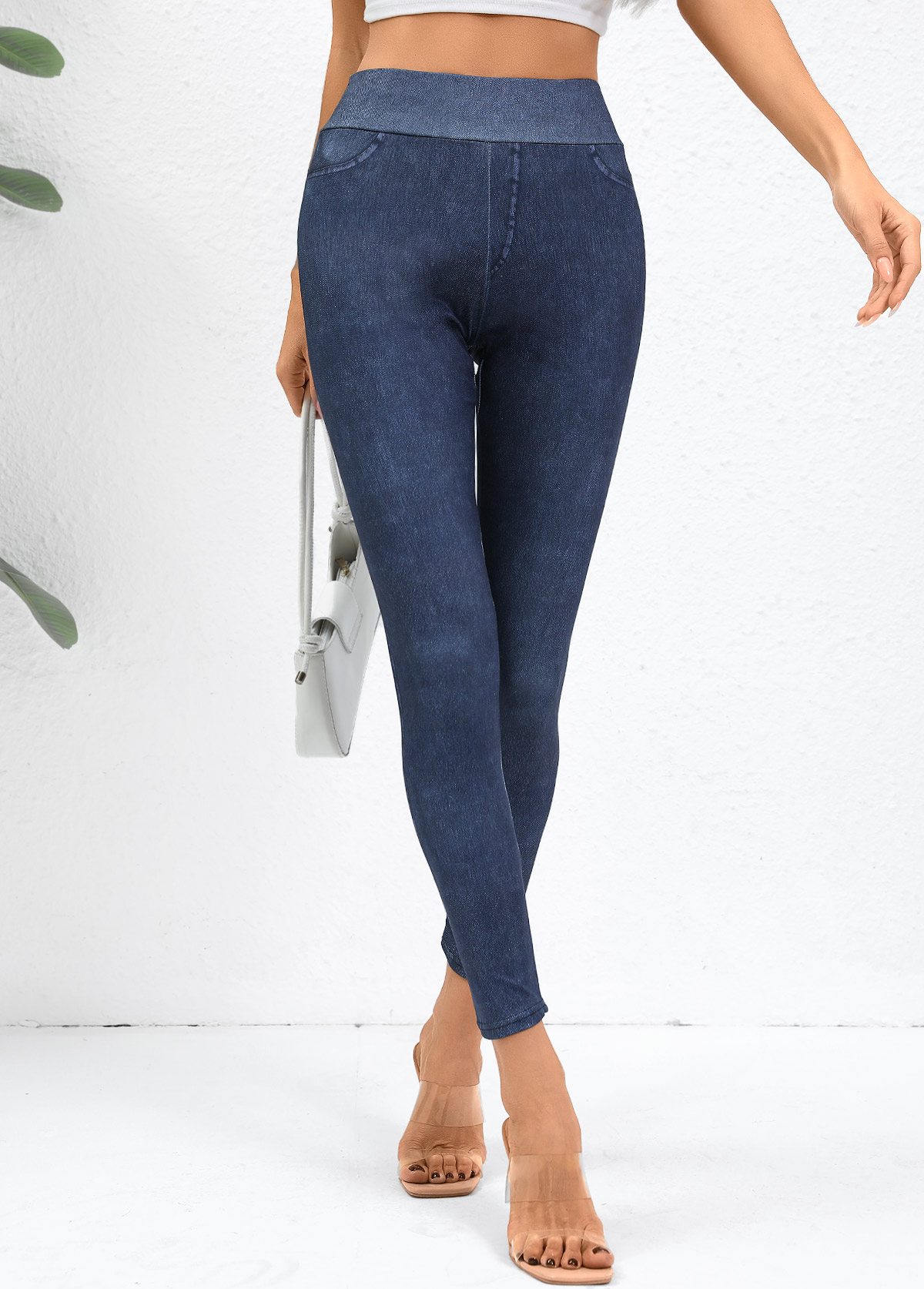 Denim Blue bottoms,Plain Color bottoms,Denim Blue High Waisted Elastic Waist Ankle Length Leggings