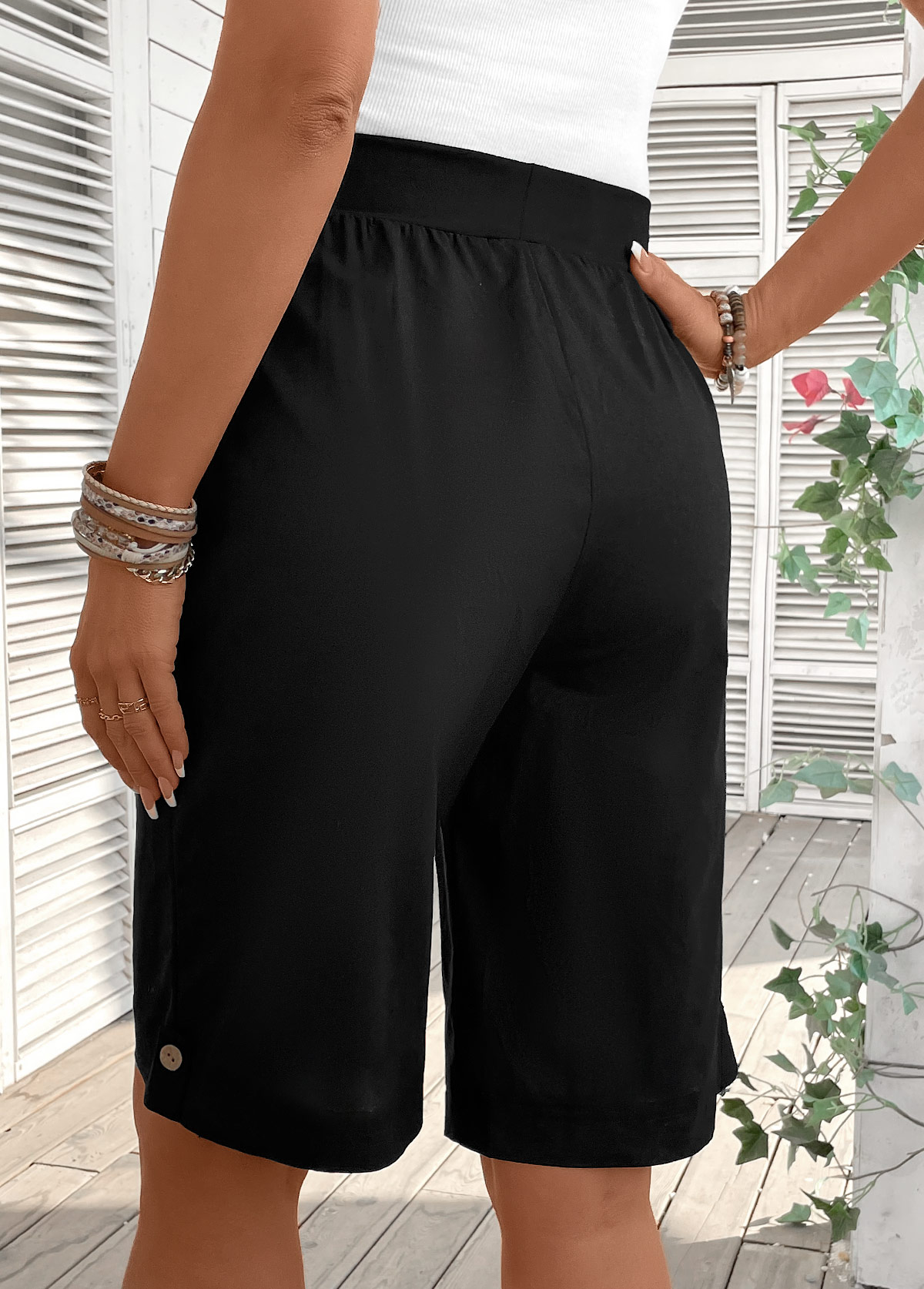 Black bottoms,Plain Color bottoms,Button Black Elastic Waist High Waisted Shorts