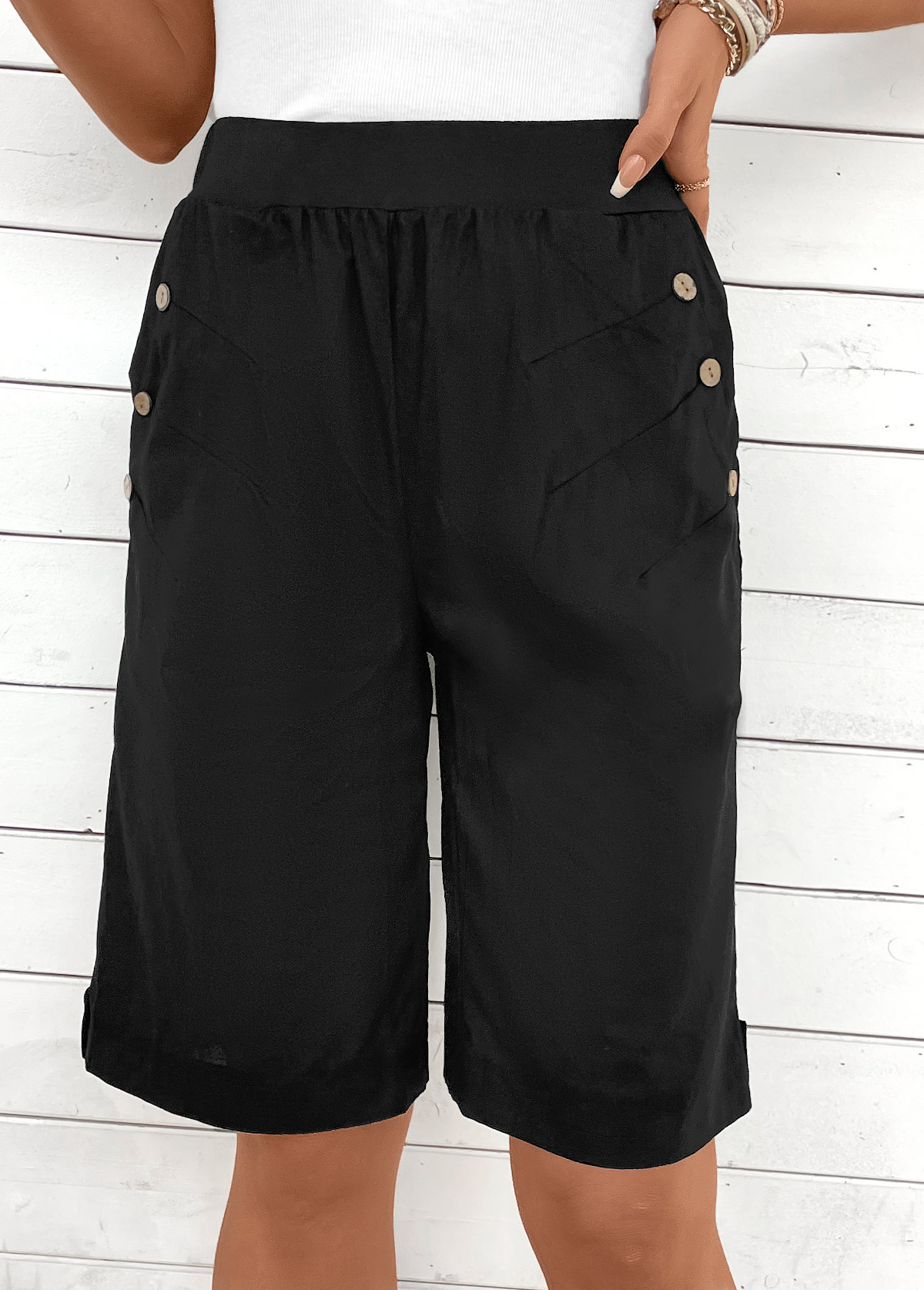 Black bottoms,Plain Color bottoms,Button Black Elastic Waist High Waisted Shorts