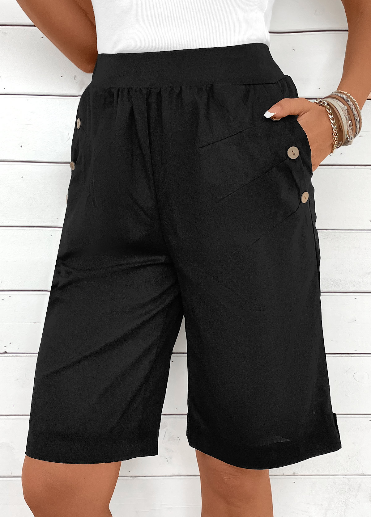 Black bottoms,Plain Color bottoms,Button Black Elastic Waist High Waisted Shorts