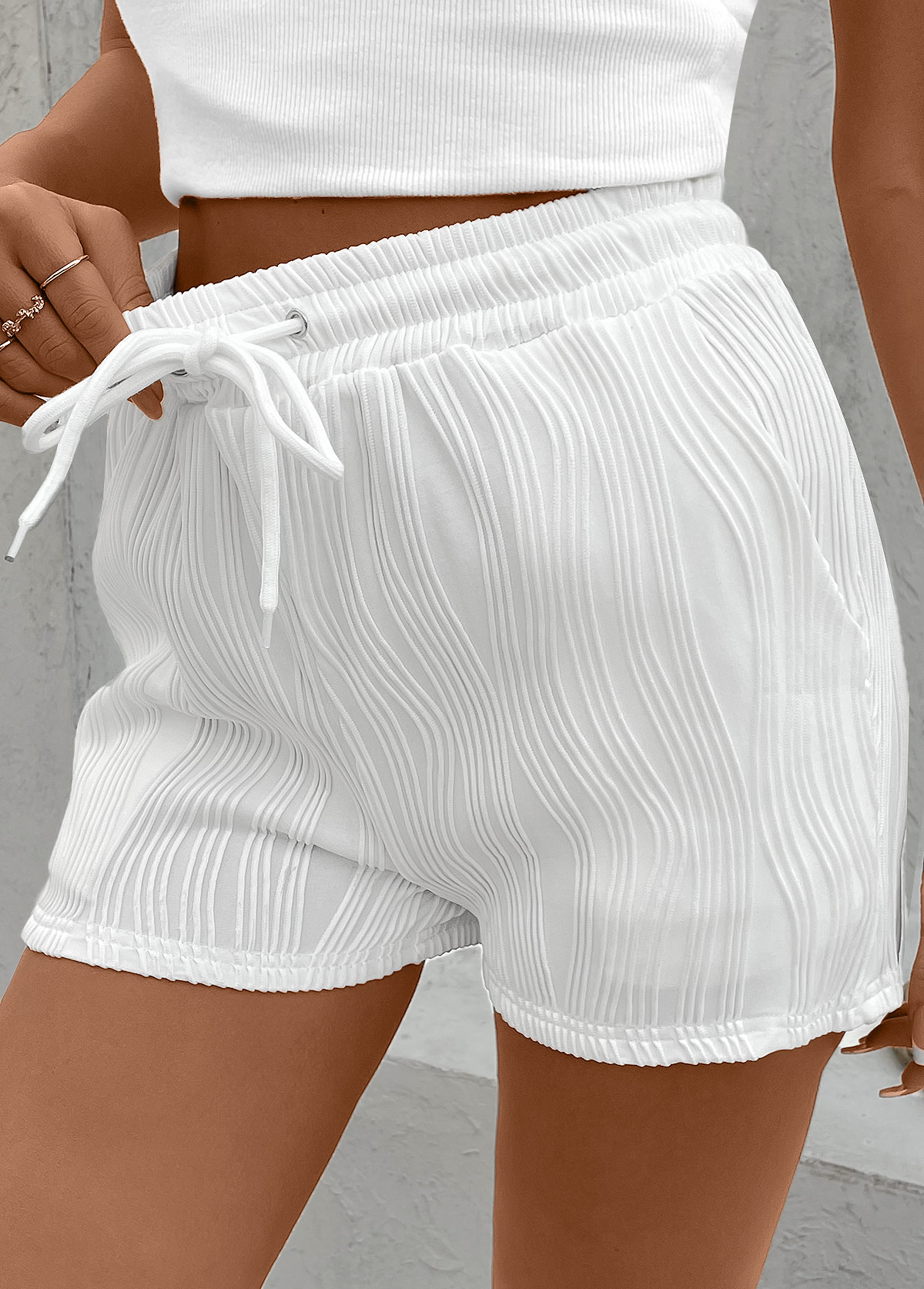 White bottoms,Plain Color bottoms,Drawstring White Elastic Waist High Waisted Shorts