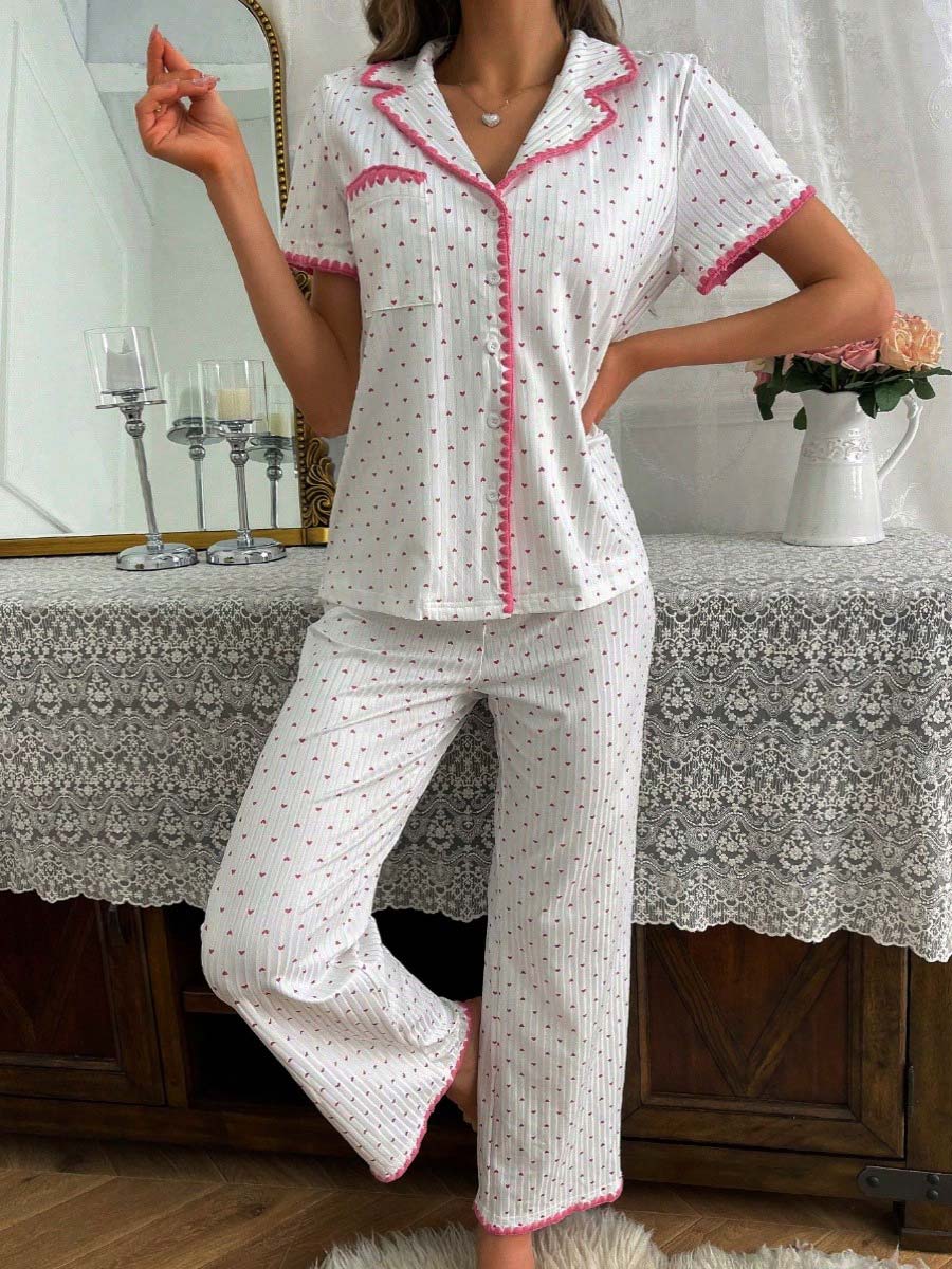 White loungewear,Heart loungewear,Heart Print White Short Sleeve Lounge Top and Pants