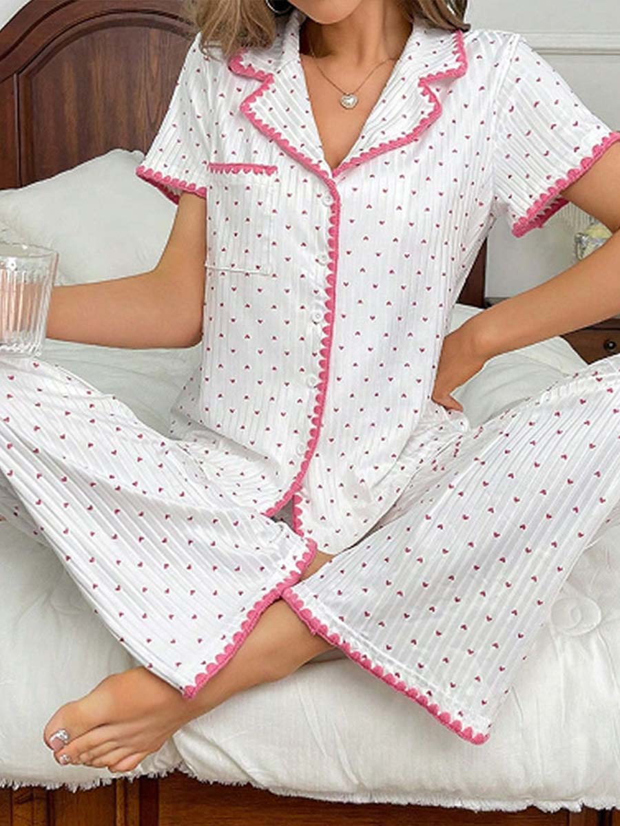 White loungewear,Heart loungewear,Heart Print White Short Sleeve Lounge Top and Pants