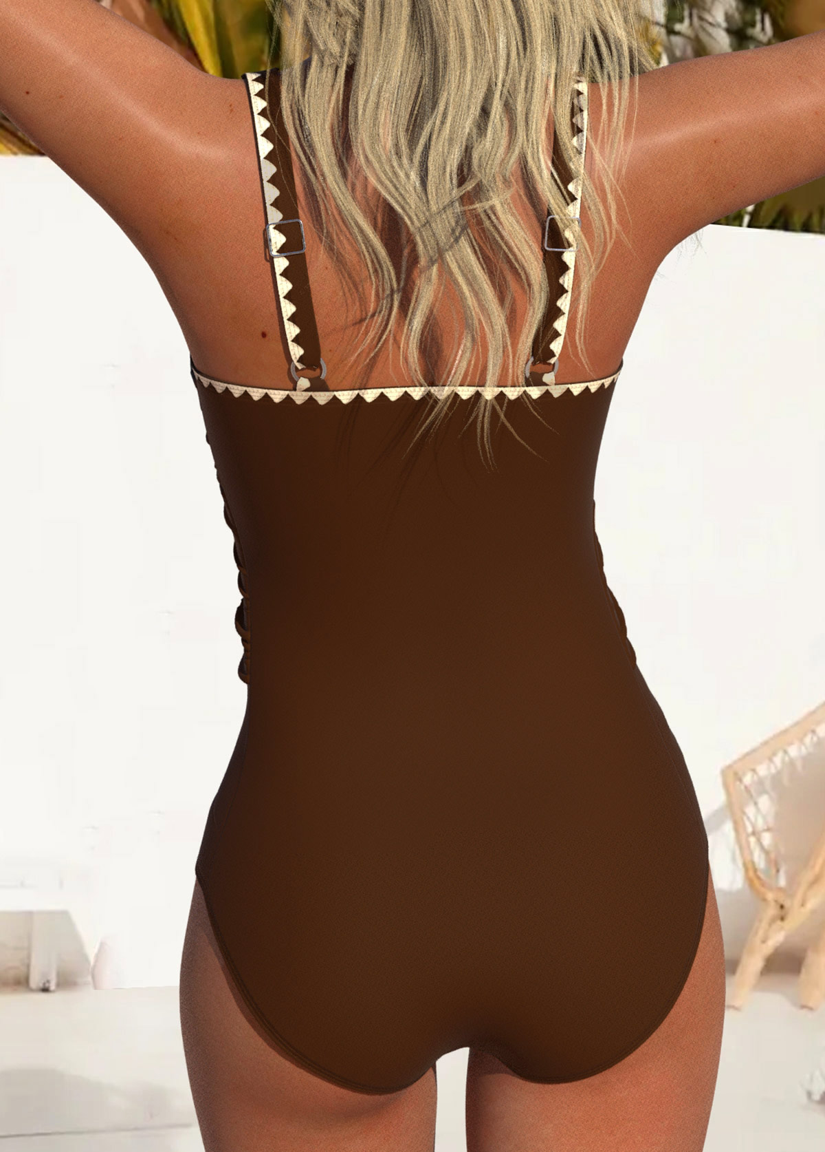 Light Coffee swimwear,Contrast Color swimwear,ROTITA Light Coffee Jacquard Detail One Piece Swimwear