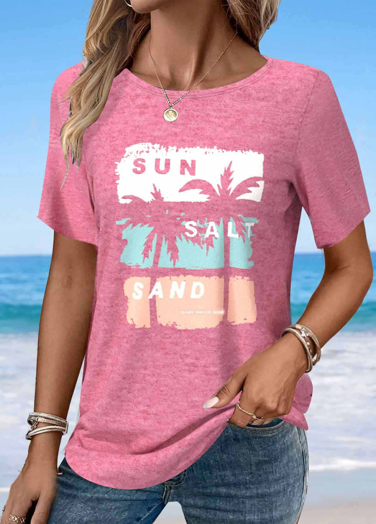 ROTITA Tropical Plants Print Pink Round Neck T Shirt