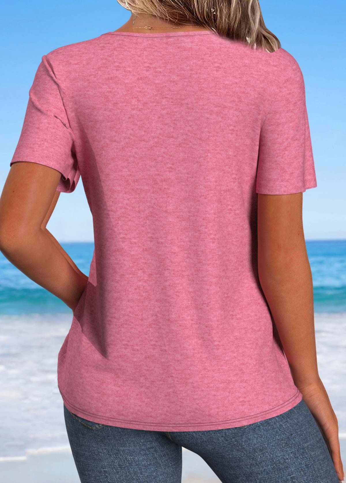 ROTITA Tropical Plants Print Pink Round Neck T Shirt