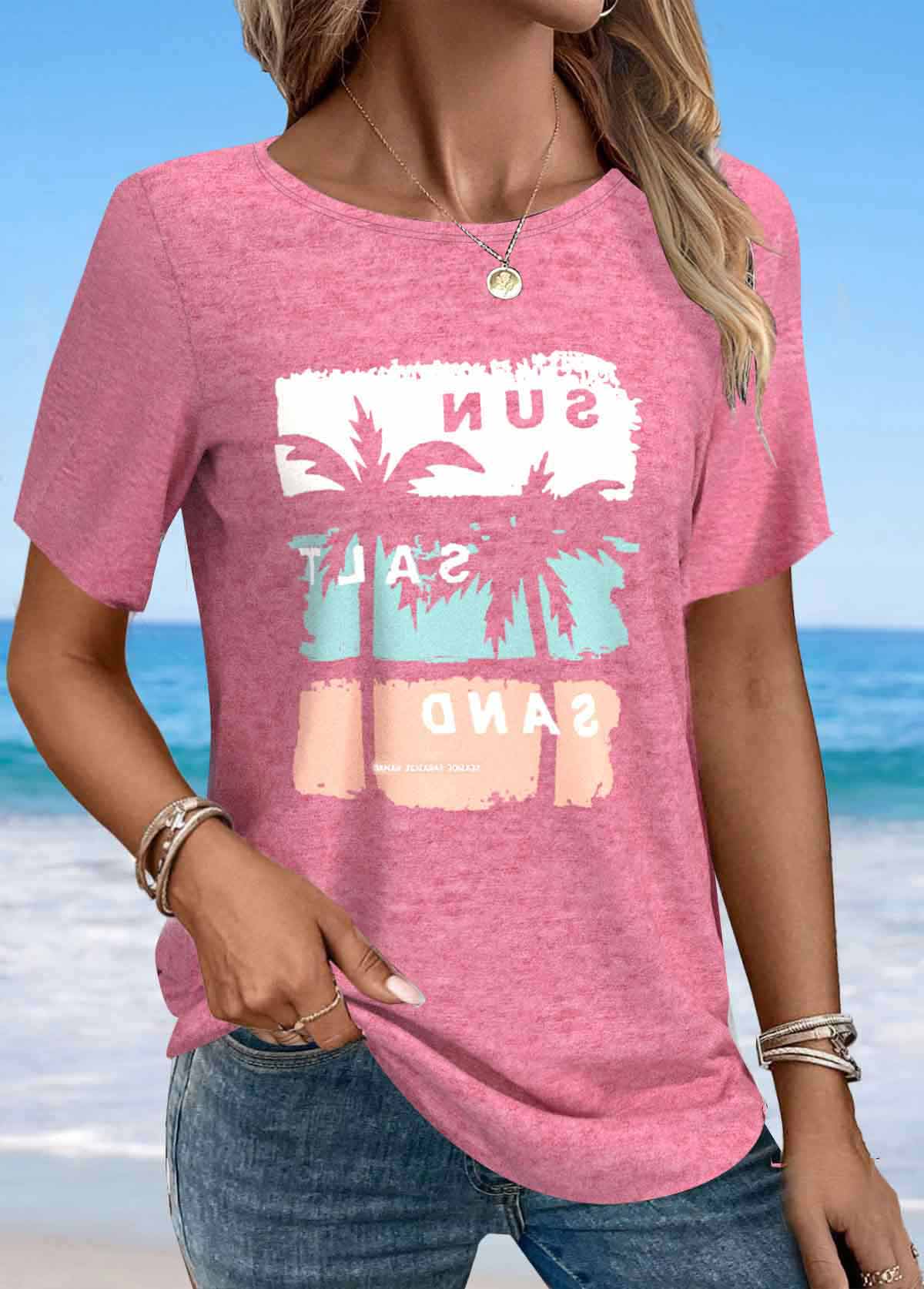 ROTITA Tropical Plants Print Pink Round Neck T Shirt