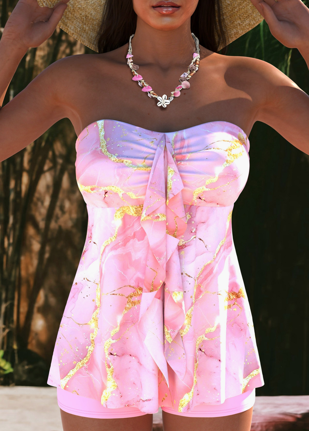 Pink swimwear,Marble swimwear,ROTITA Ruffle Pink Marble Print Mid Waisted Tankini Set