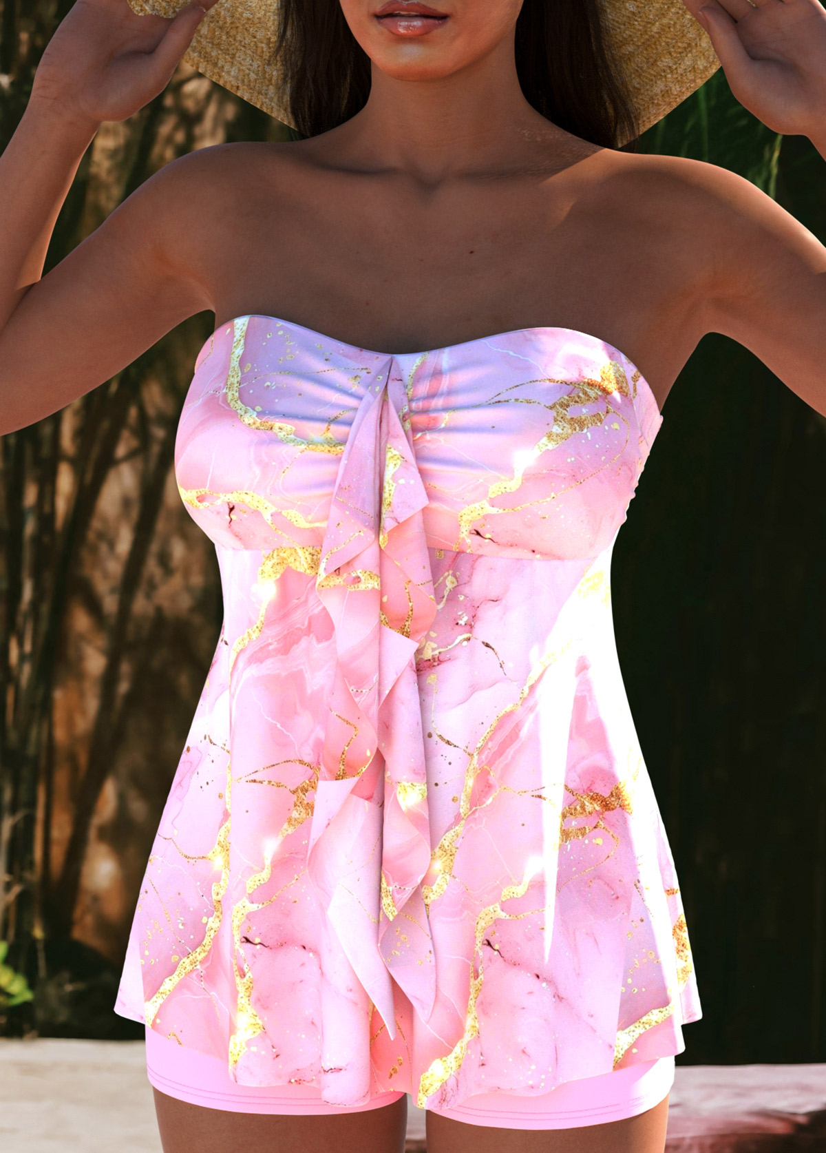 Pink swimwear,Marble swimwear,ROTITA Ruffle Pink Marble Print Mid Waisted Tankini Set