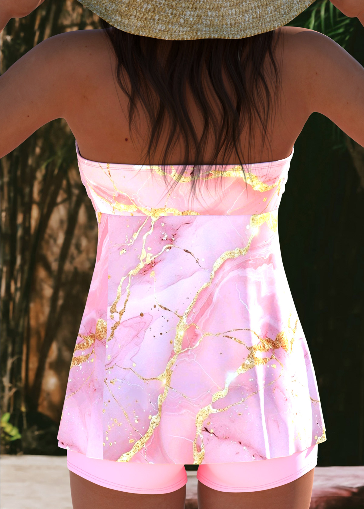 Pink swimwear,Marble swimwear,ROTITA Ruffle Pink Marble Print Mid Waisted Tankini Set
