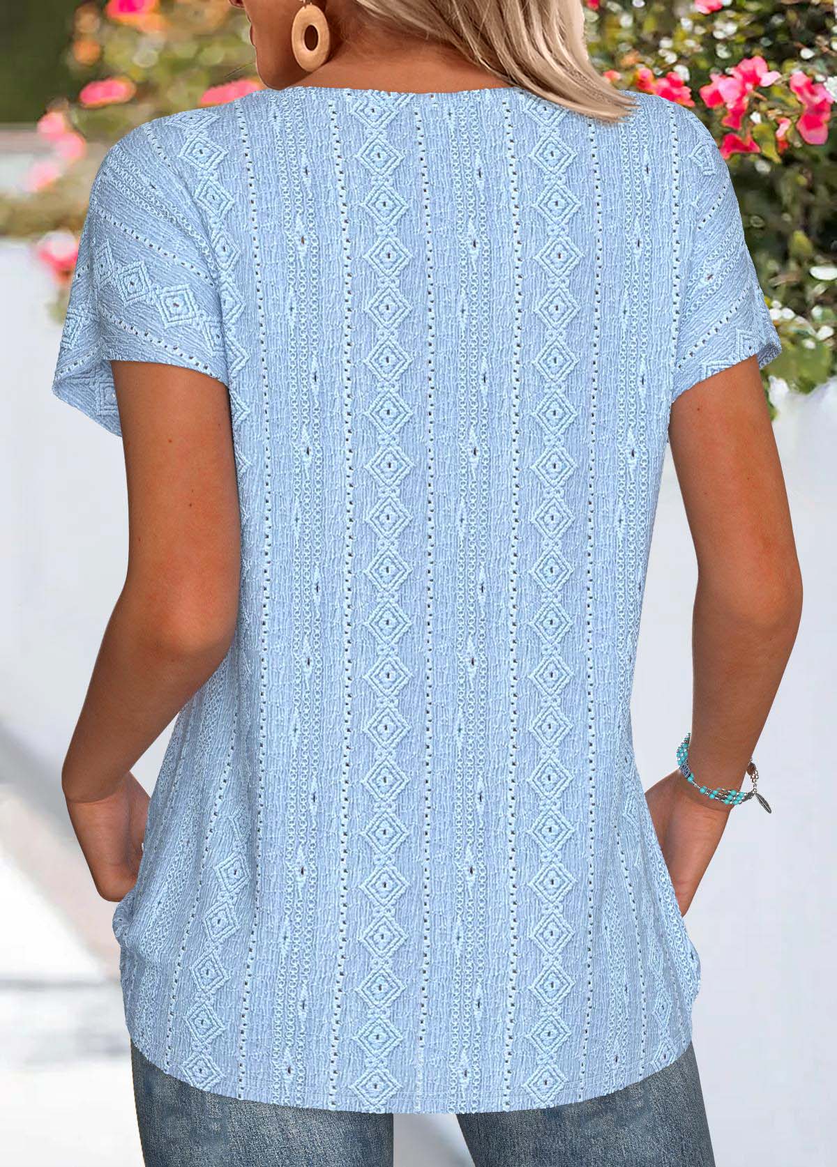 Light Blue tops,Plain Color tops,ROTITA Lace Light Blue Round Neck Short Sleeve T Shirt
