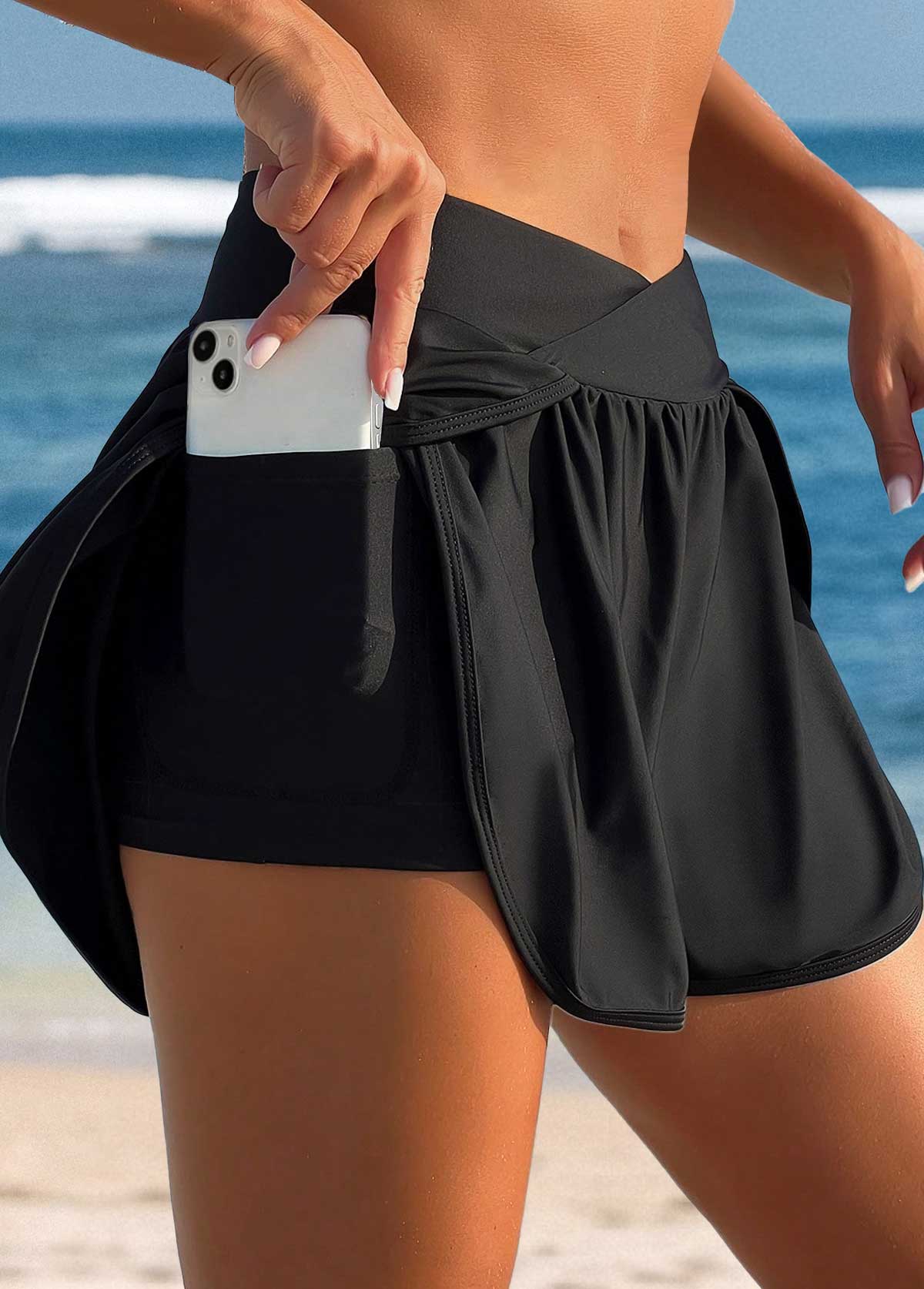 ROTITA Black High Waisted Design Swim Shorts