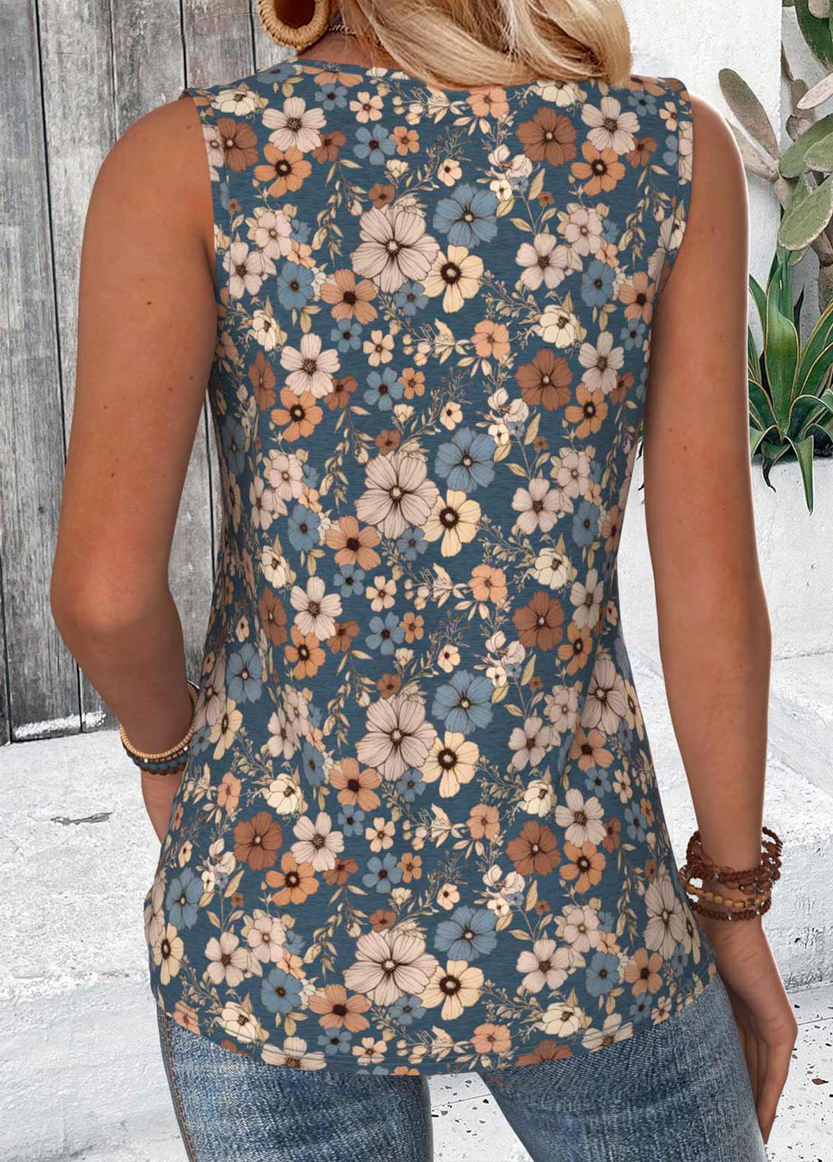 Multi Color tops,Floral tops,Plants tops,ROTITA Circular Ring Floral Print Multi Color Sleeveless Tank Top