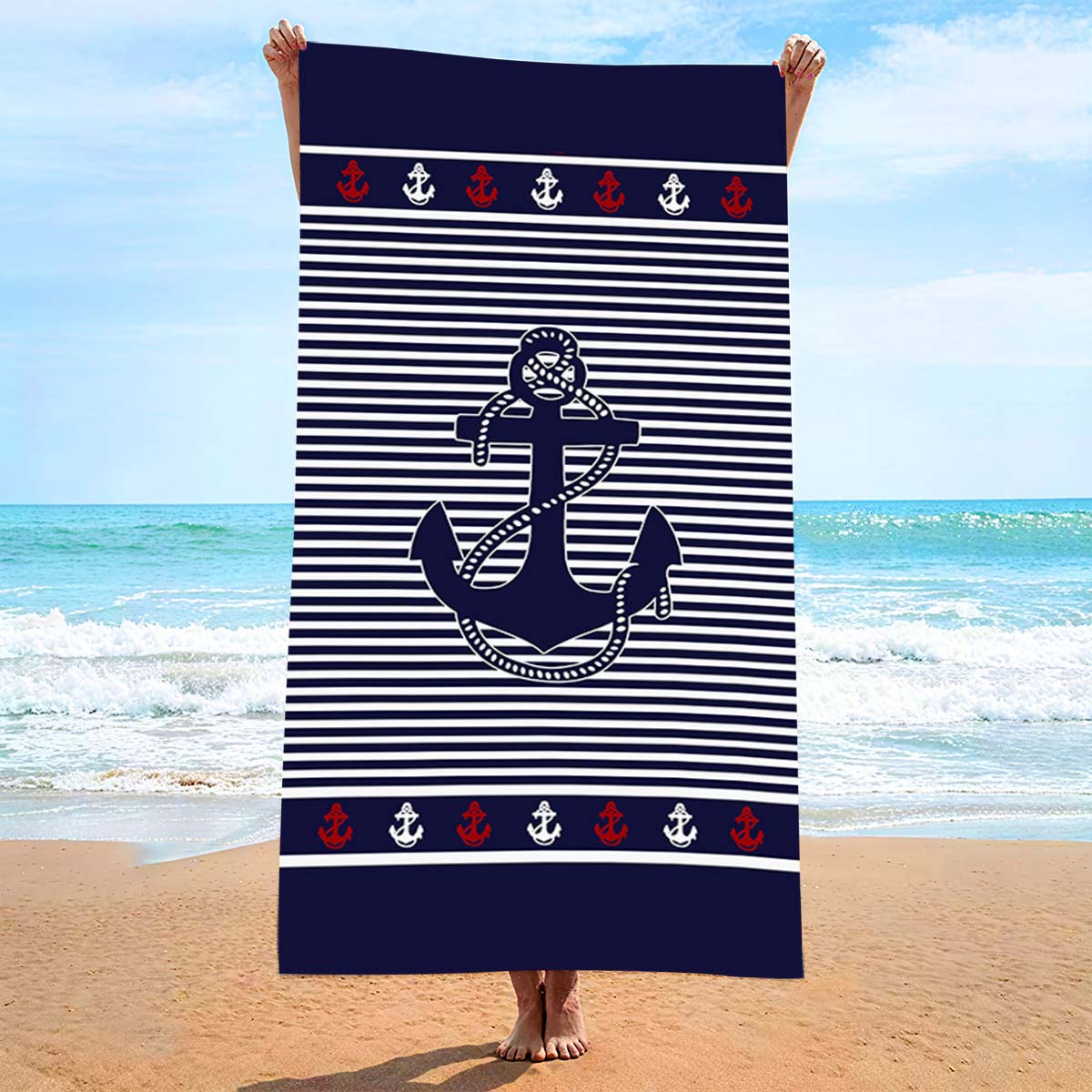 Navy Striped Geometric Absorbent Beach Blanket