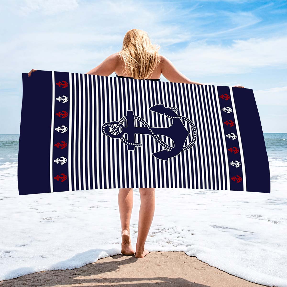 Navy Striped Geometric Absorbent Beach Blanket