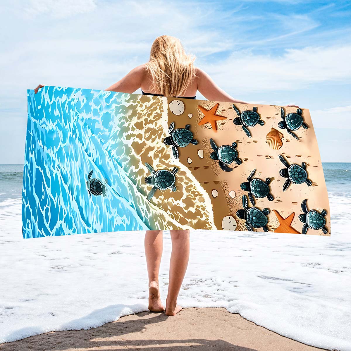 Marine Life Print Sky Blue Absorbent Beach Blanket
