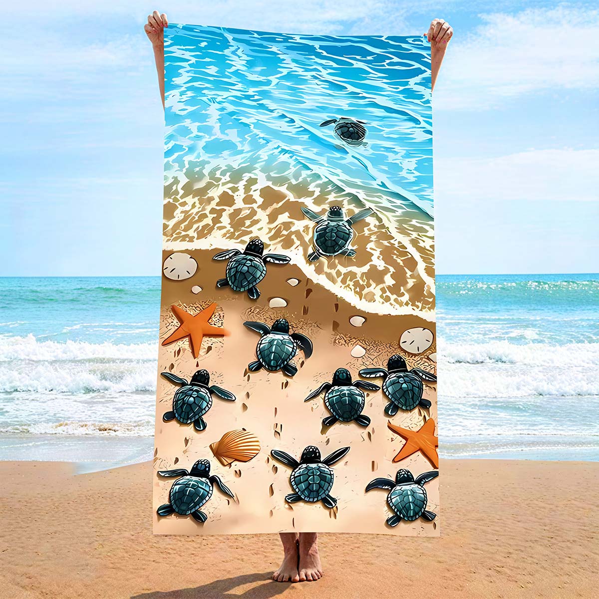 Marine Life Print Sky Blue Absorbent Beach Blanket
