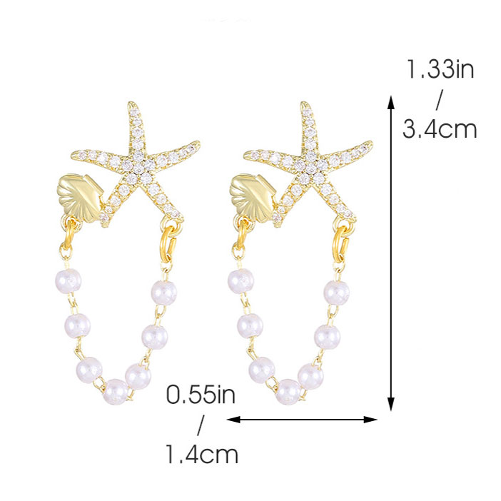 boucles d'oreilles en cuivre doré avec perles et coquillages d'étoiles de mer