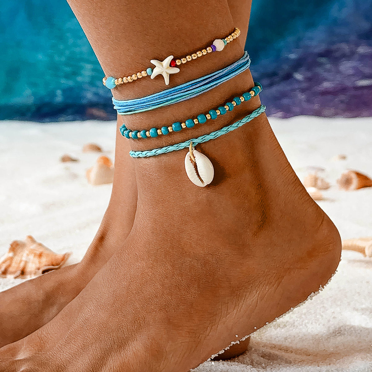 Shell Neon Blue Polyresin Starfish Anklet Set