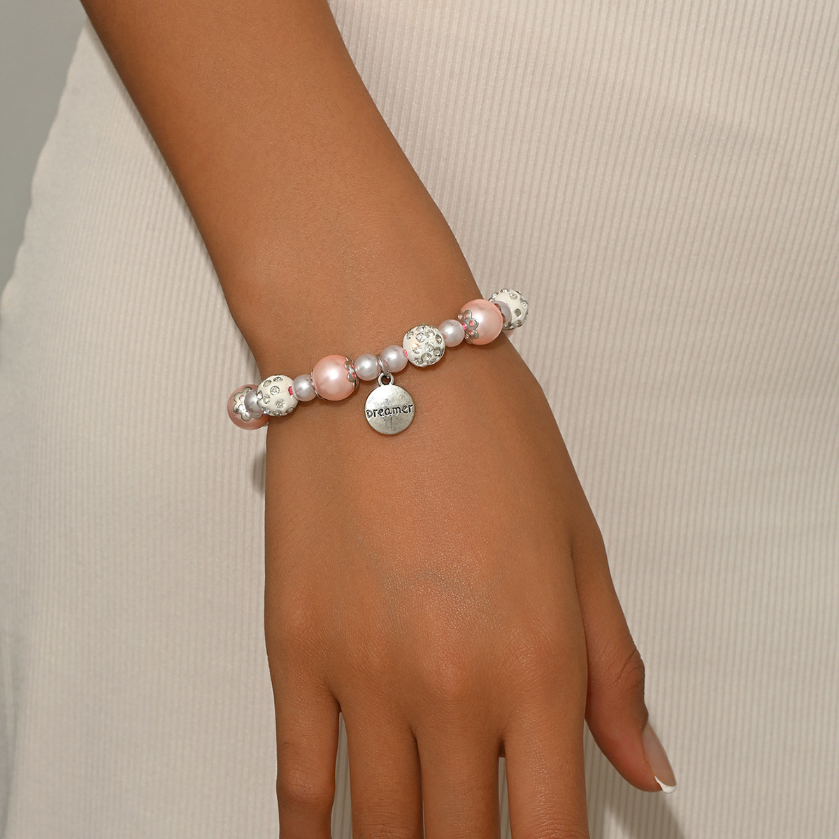 Round Light Pink Pearl Letter Bracelet