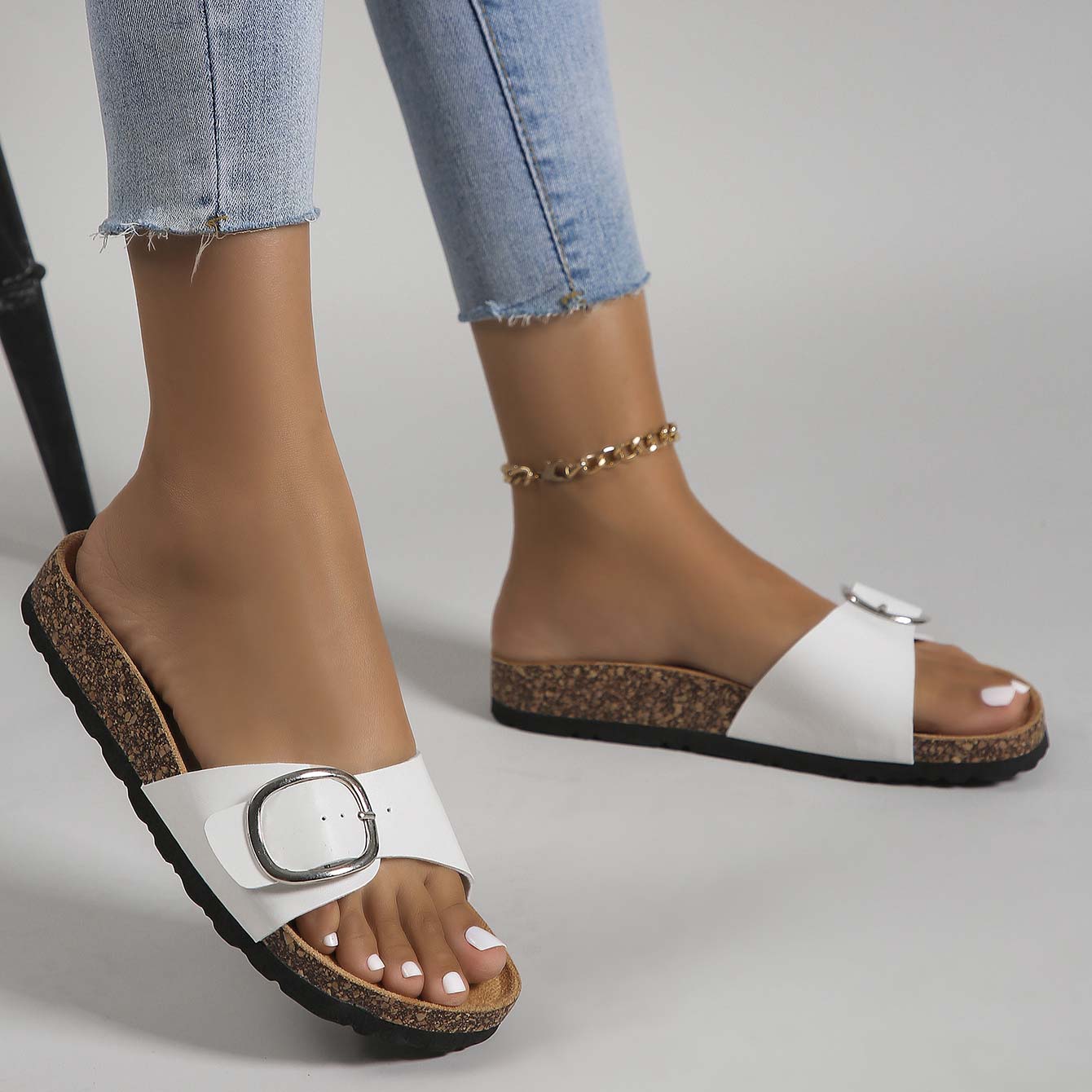 White shoes,Plain Color shoes,White Falt Open Toe Metal Buckle Slippers