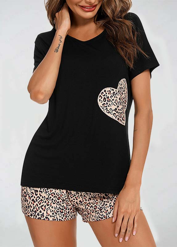 Black loungewear,Leopard loungewear,Animal Print loungewear,Leopard Black Round Neck Lounge Top and Shorts