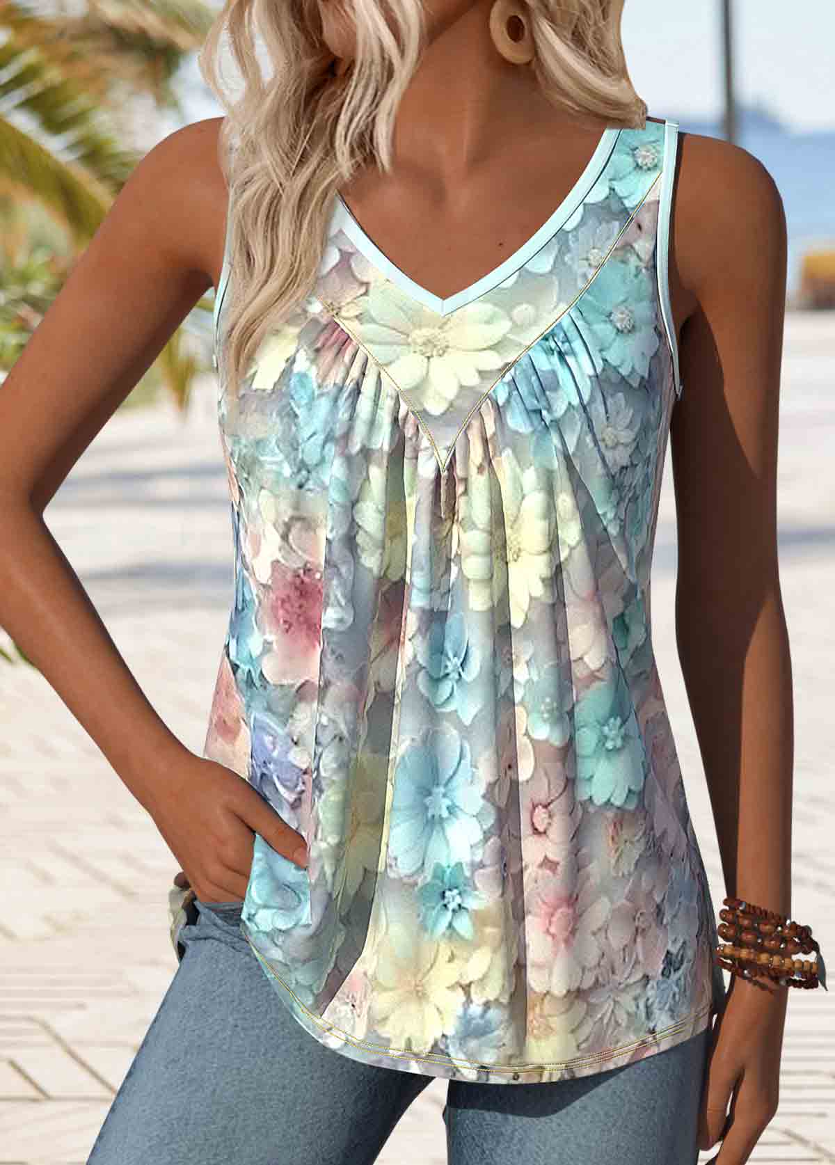 Light Blue plus size,Floral plus size,Plants plus size,ROTITA Plus Size Patchwork Light Blue Floral Print Tank Top