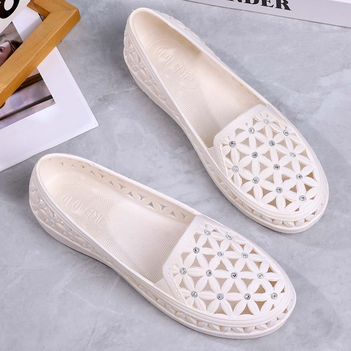White shoes,Plain Color shoes,White Falt Hollow Round Toe Flats