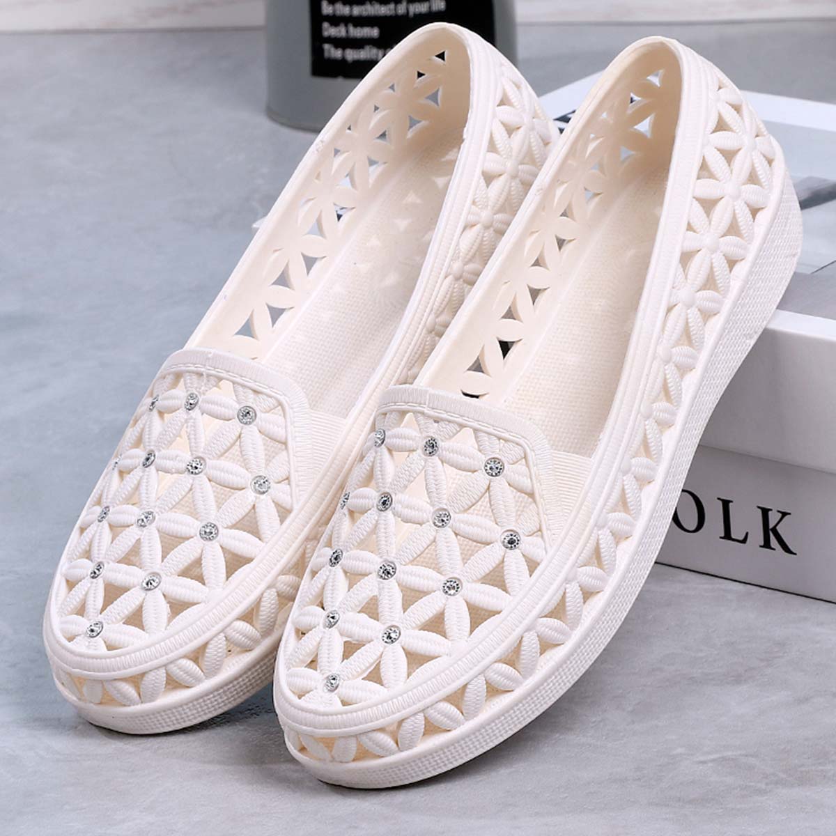 White shoes,Plain Color shoes,White Falt Hollow Round Toe Flats