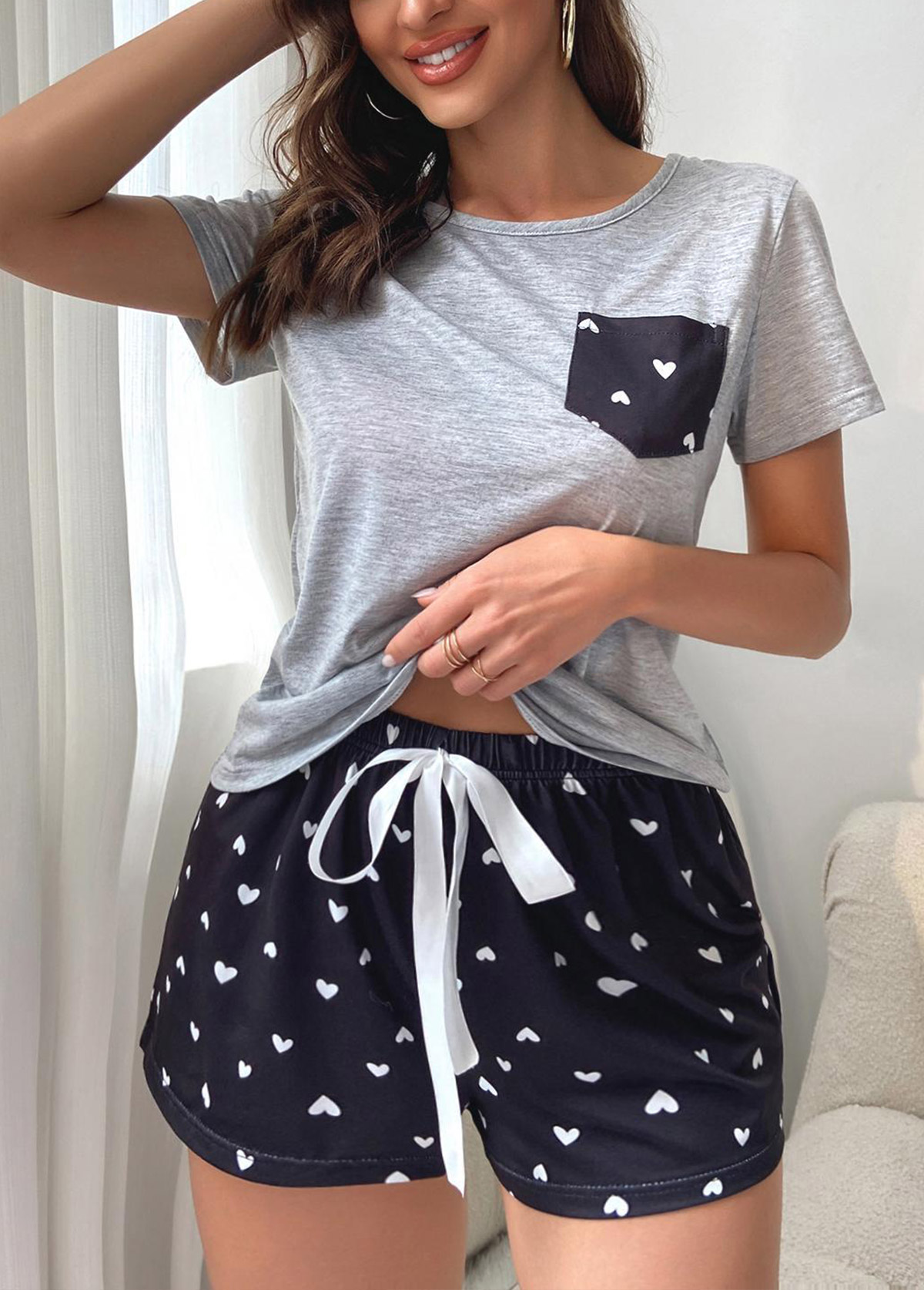 Light Grey loungewear,Heart loungewear,Heart Print Light Grey Lounge Top and Shorts