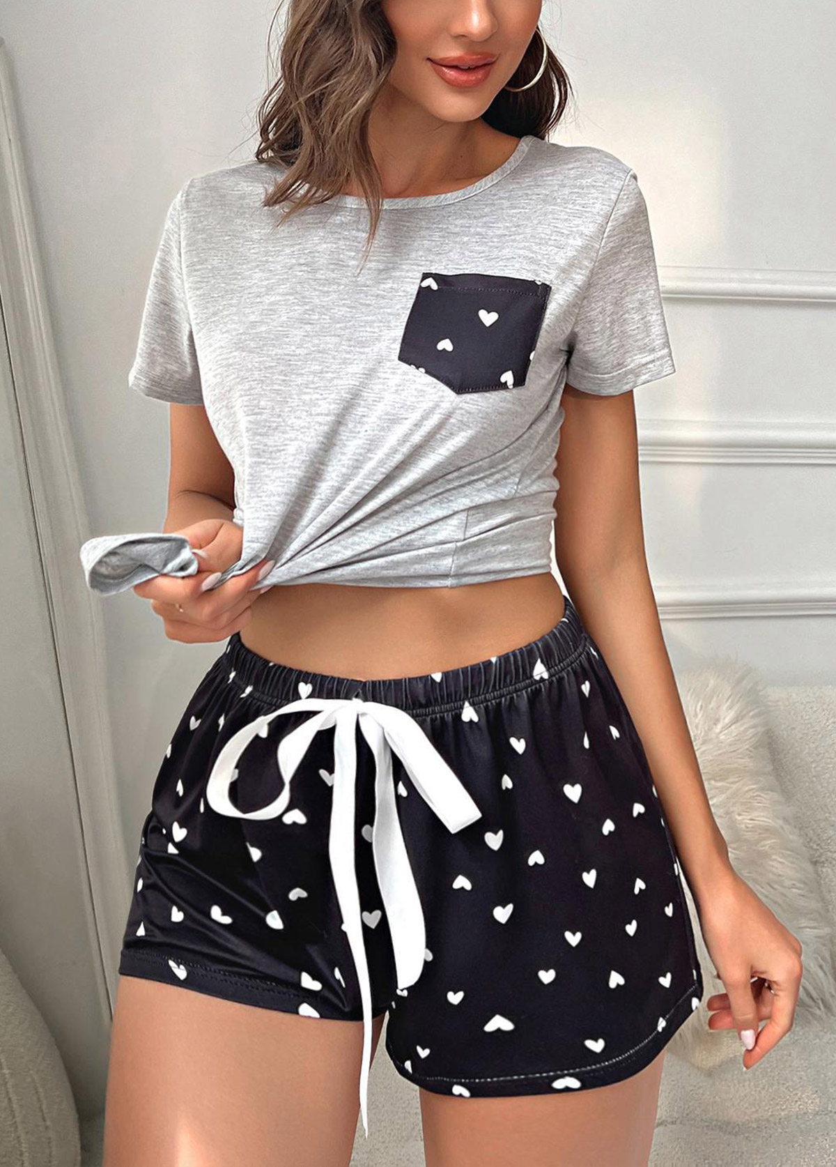 Light Grey loungewear,Heart loungewear,Heart Print Light Grey Lounge Top and Shorts