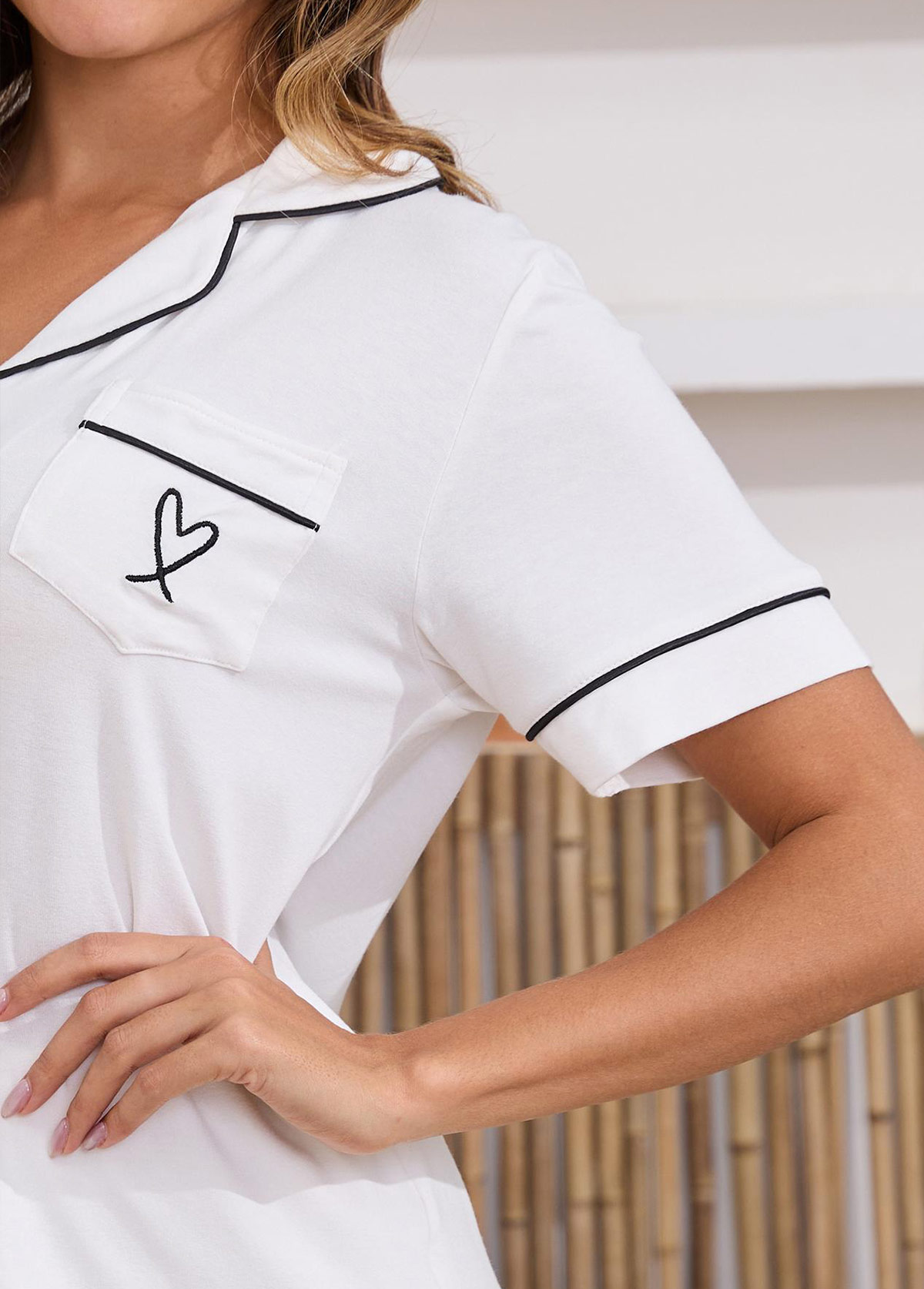 White loungewear,Contrast Color loungewear,White Turn Down Collar Lounge Top and Shorts