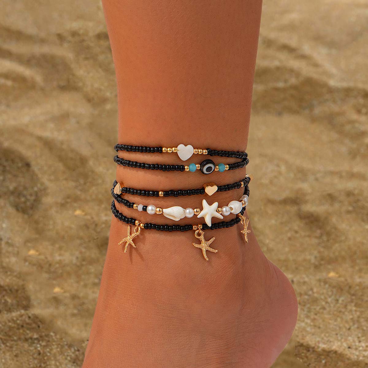 Bracelet de cheville à breloques de plage de couleur noire