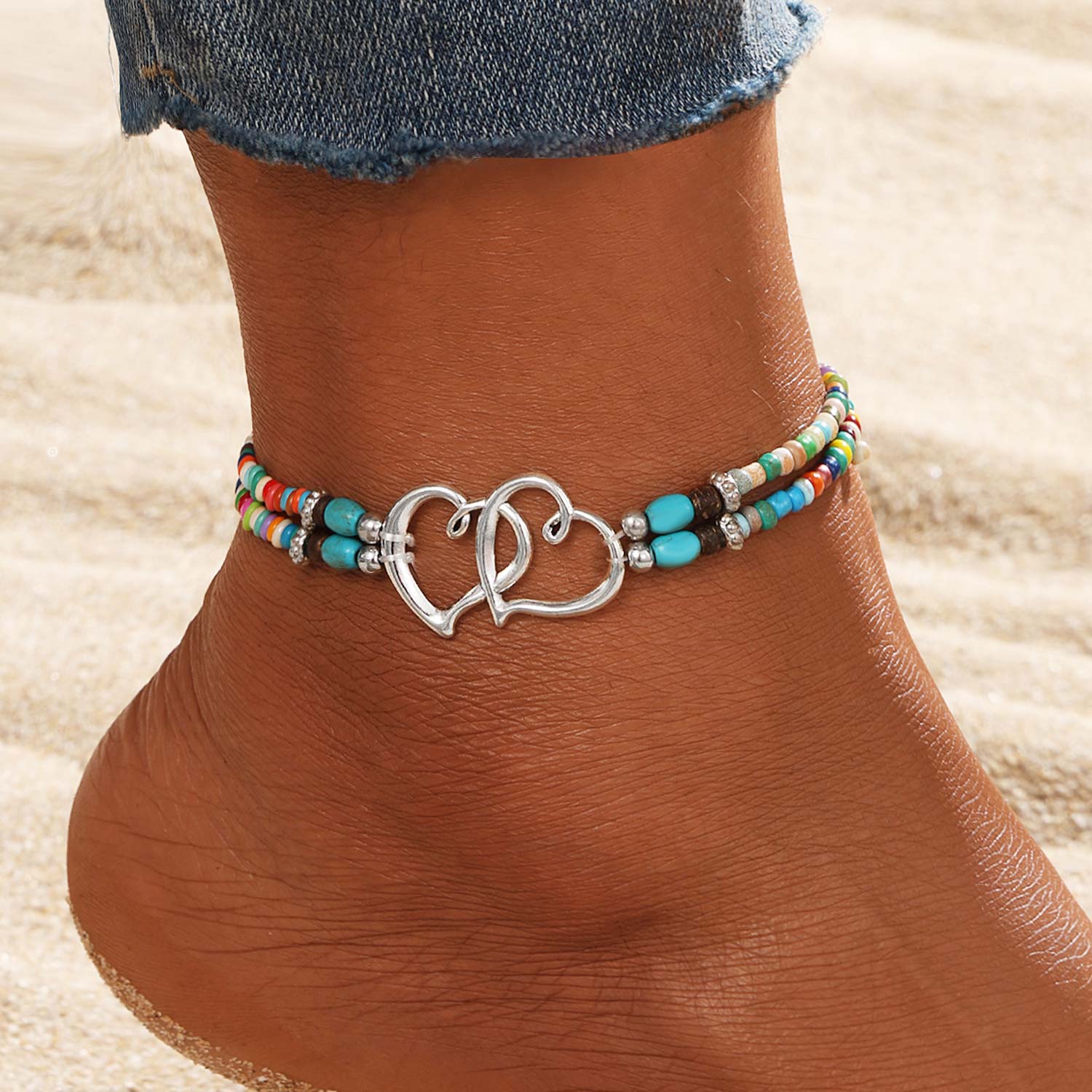 Multi Color jewelry,Heart jewelry,Heart Multi Color Alloy Beaded Anklet