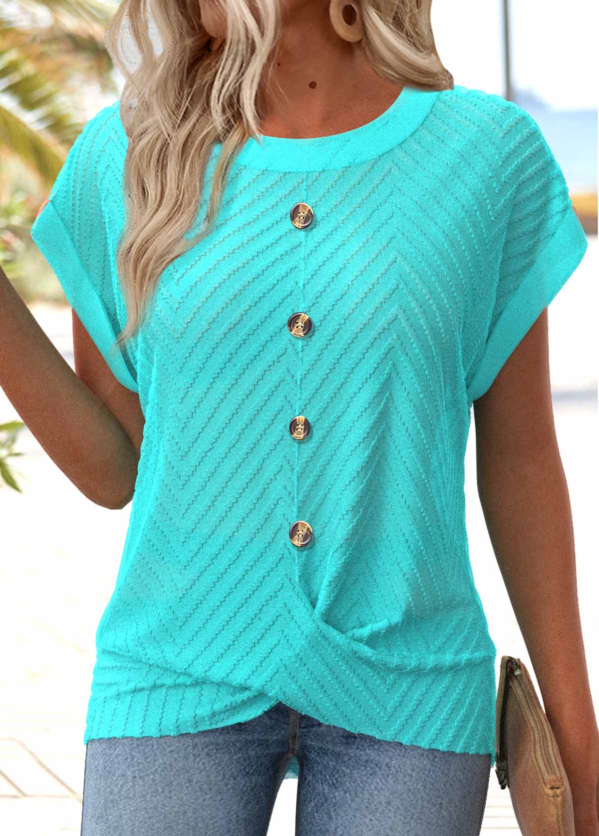 Cyan tops,Plain Color tops,ROTITA Button Cyan Round Neck Short Sleeve T Shirt