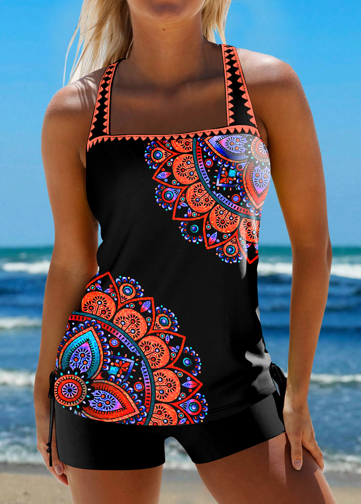 Black swimwear,Tribal swimwear,ROTITA Contrast Binding Black Tribal Print Mid Waisted Tankini Set