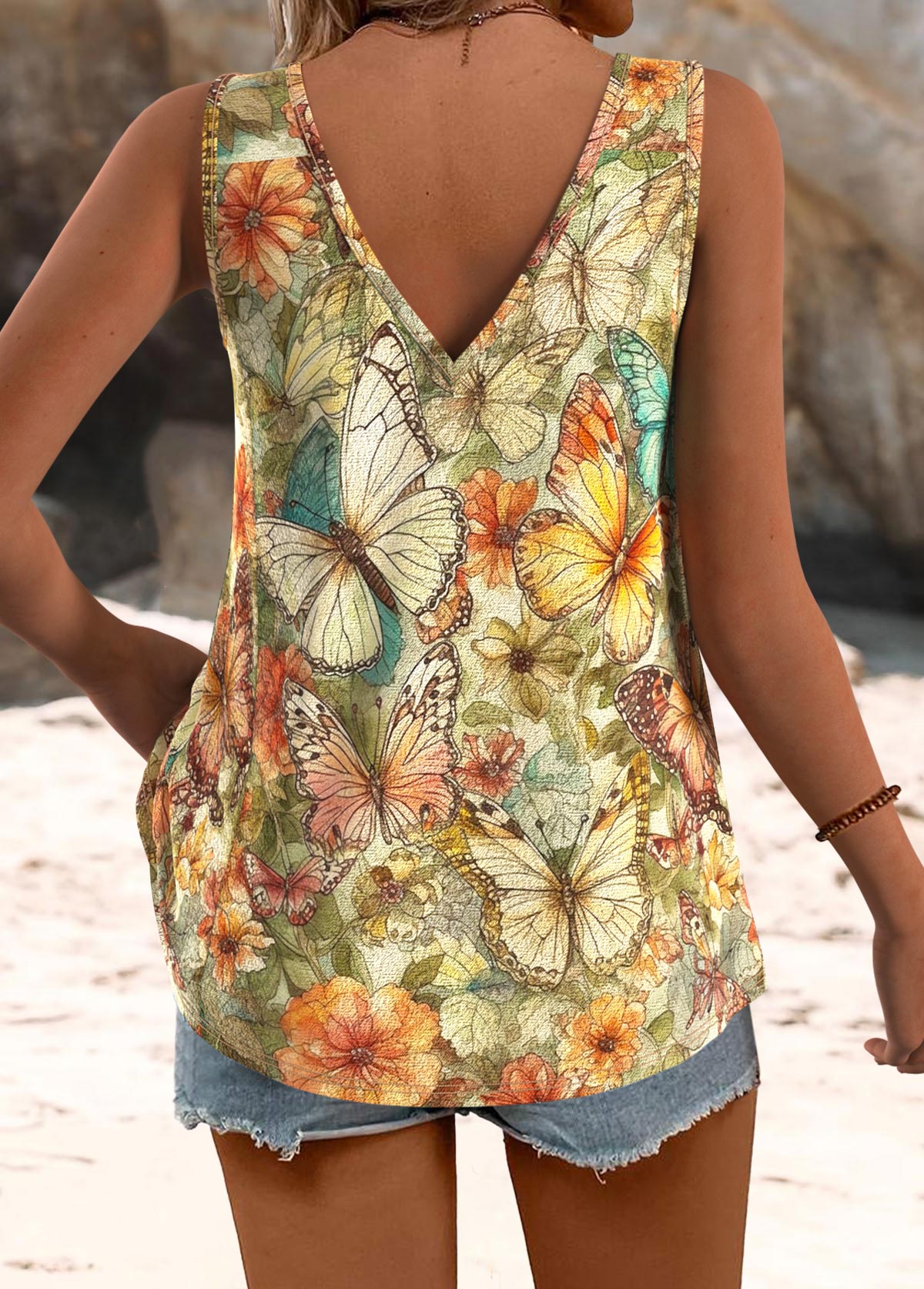 Multi Color tops,Animal Print tops,ROTITA Butterfly Print Multi Color V Neck Strappy Tank Top