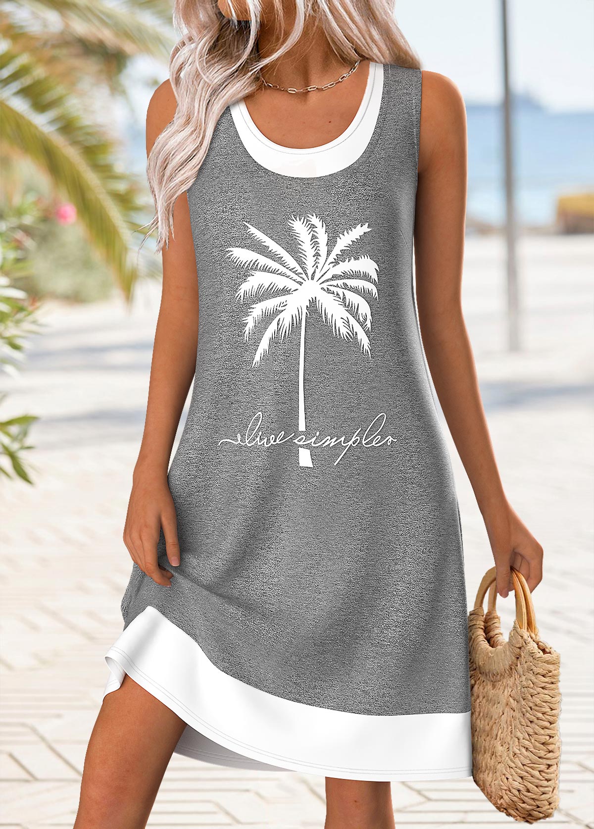 Grey dresses,Plants dresses,Vacation dresses,Vacation dresses,ROTITA Patchwork Tropical Plants Print Grey Short A Line Dress