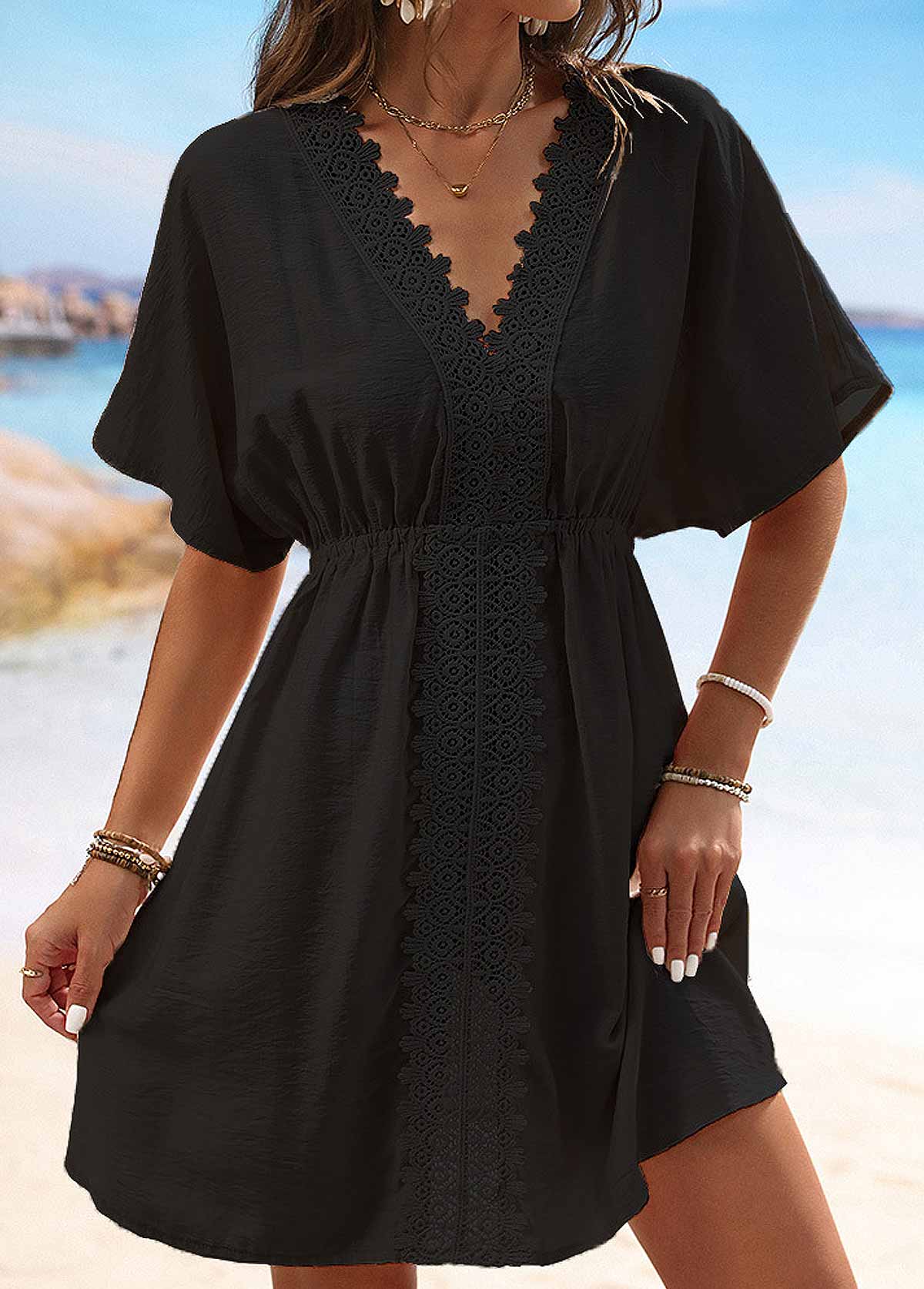 Black swimwear,Plain Color swimwear,Embroidery Short Sleeve Black V Neck Cover Up