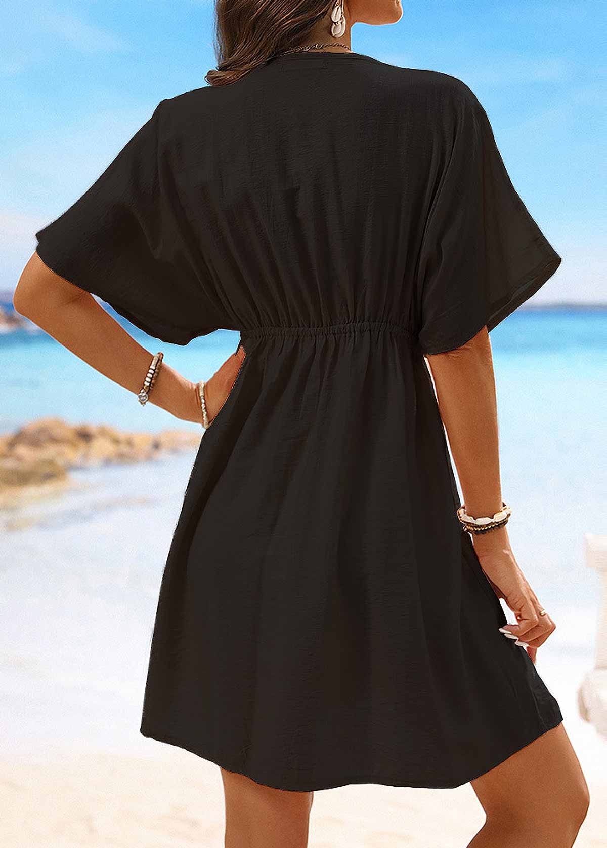 Black swimwear,Plain Color swimwear,Embroidery Short Sleeve Black V Neck Cover Up