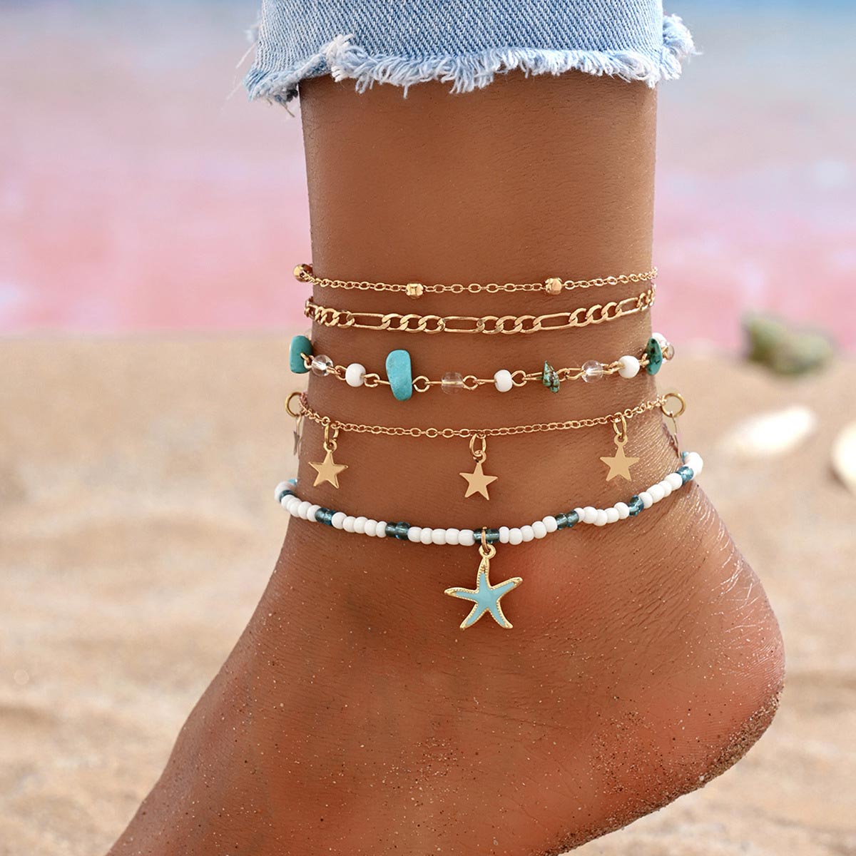 Golden jewelry,Golden Color Alloy Detail Star Anklets