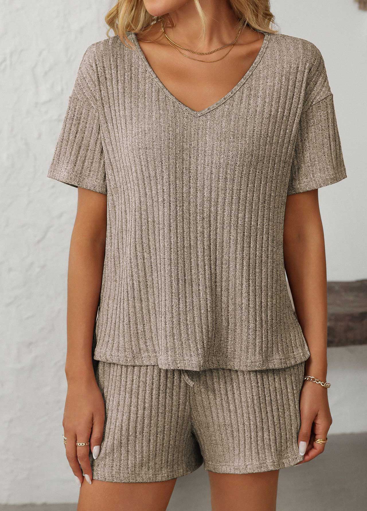 Light Camel loungewear,Plain Color loungewear,Light Camel V Neck Lounge Top and Shorts