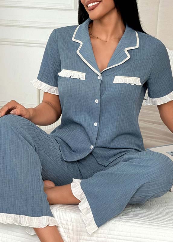 Dusty Blue loungewear,Contrast Color loungewear,Dusty Blue Turn Down Collar Lounge Top and Pants