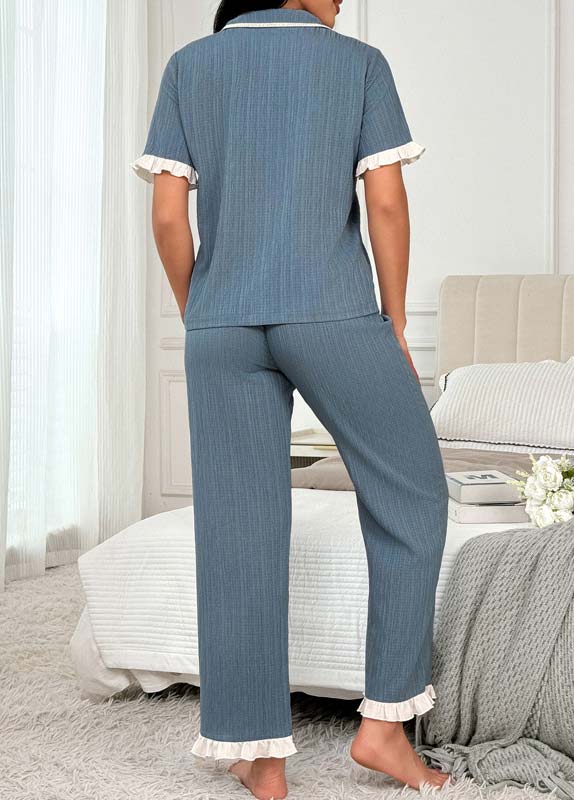 Dusty Blue loungewear,Contrast Color loungewear,Dusty Blue Turn Down Collar Lounge Top and Pants
