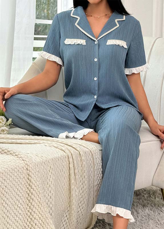 Dusty Blue loungewear,Contrast Color loungewear,Dusty Blue Turn Down Collar Lounge Top and Pants