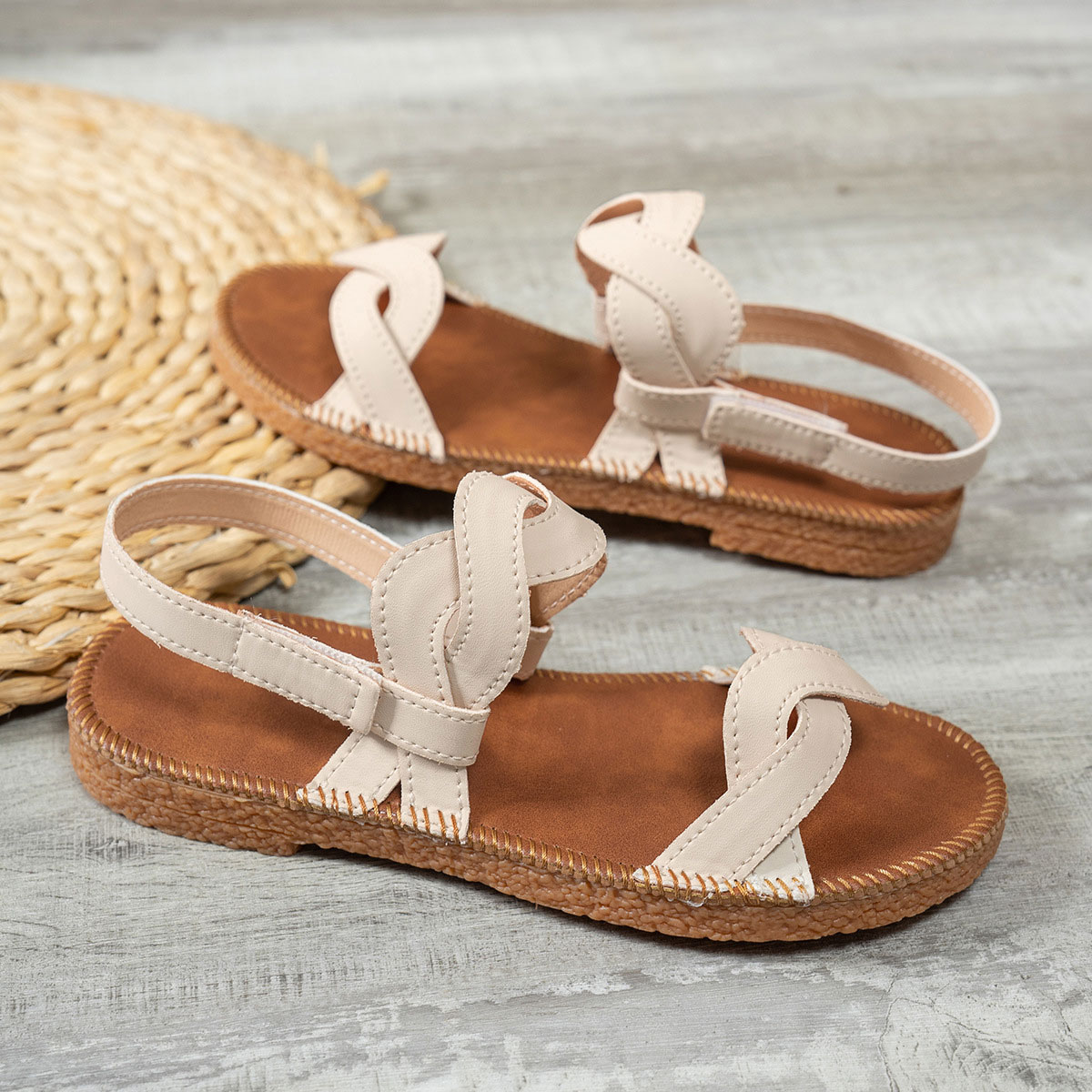 sandales en cuir PU beige à bout ouvert